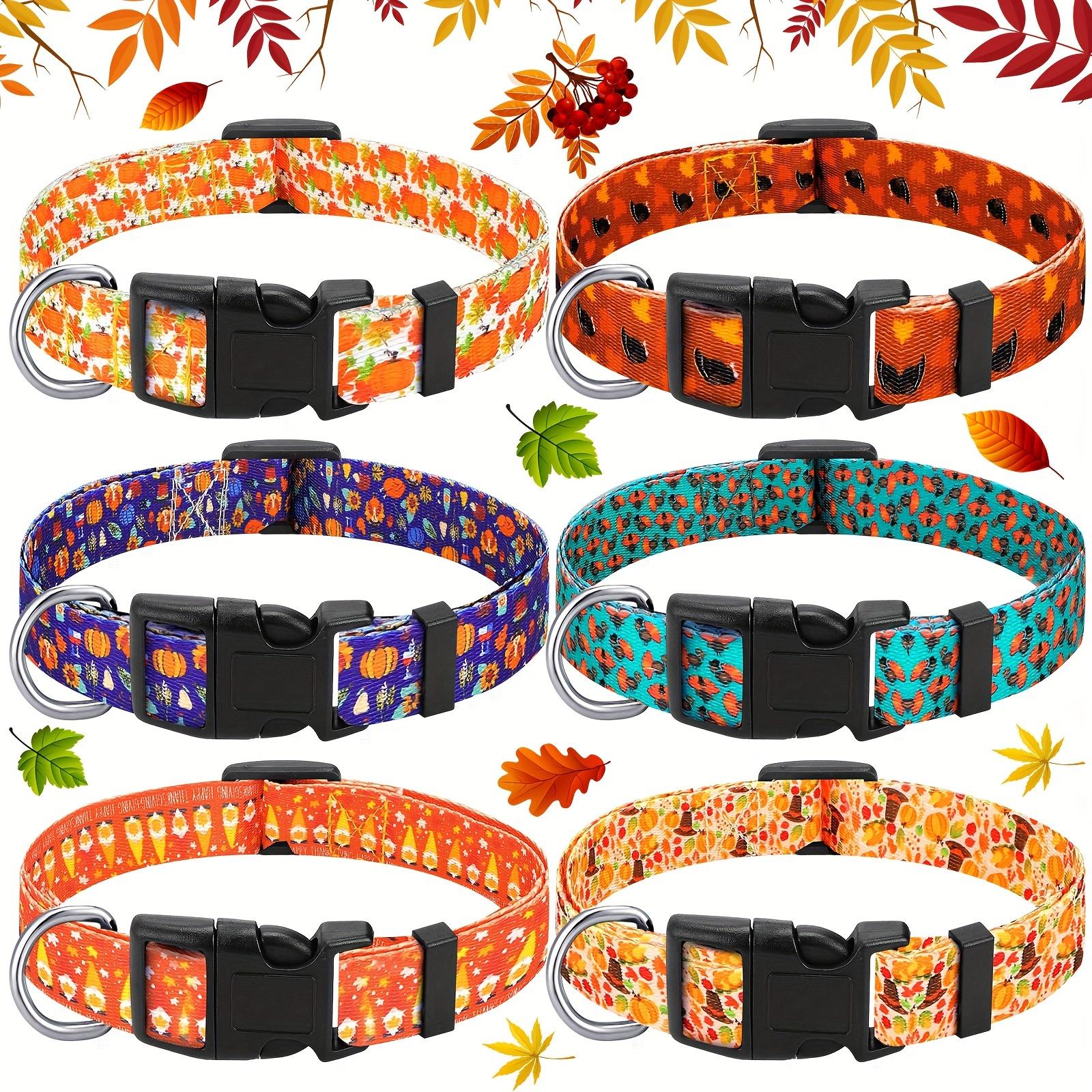6 Pcs Thanksgiving Fall Dog Collar For Puppy Extra Small Medium Large Dogs Nylon Adjustable Lightweight Basic Cat Collars Pumpkin Maple Leaf Patterns Safety With Plastic Buckle (Small)