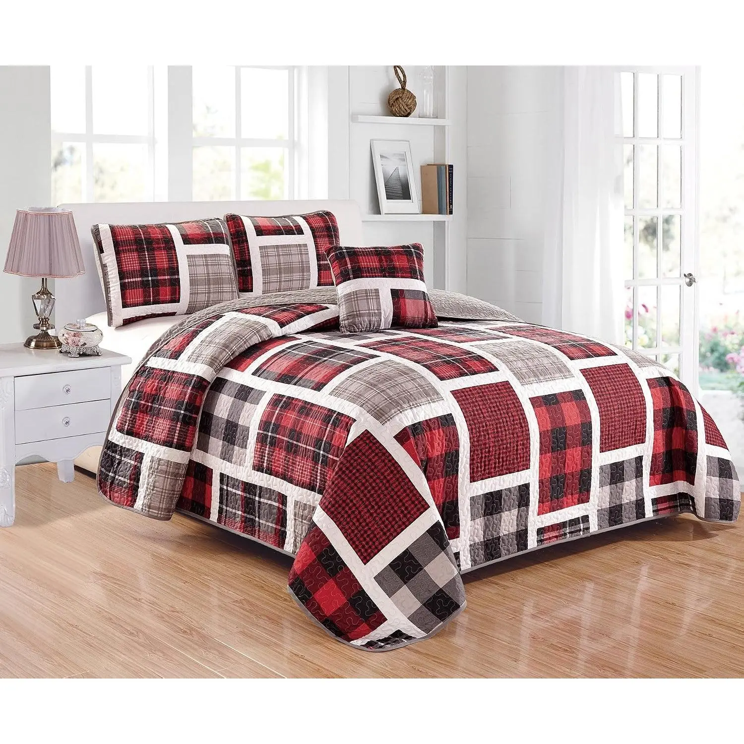 Linen Plus Quilted Bedspread Set for Teen Boys Patchwork Plaid Red Grey Black White New (Twin)