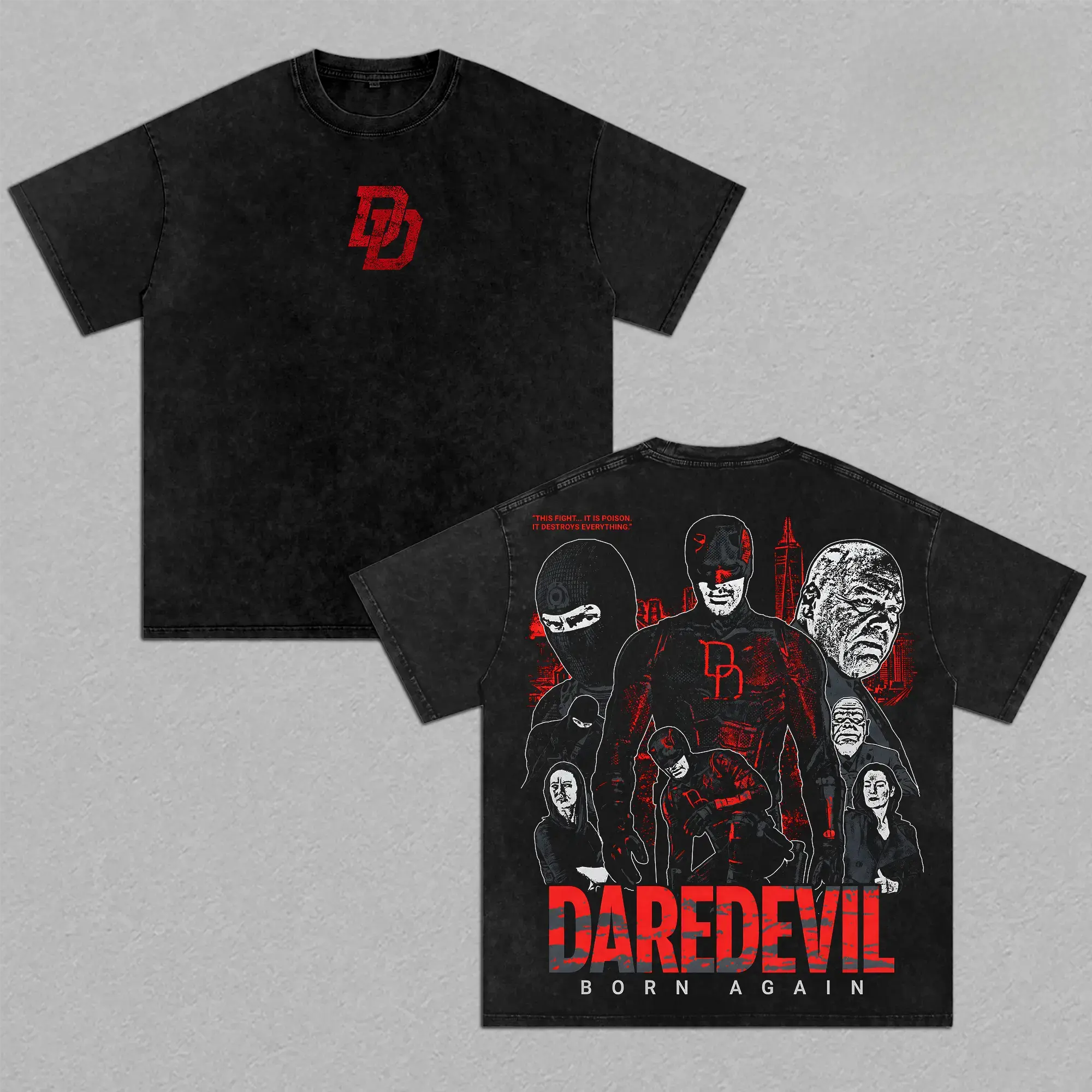 Retro Daredevil Grunge Red Distressed DD Monogram Left Chest Print & Large Crackle Red "DAREDEVIL" Header "BORN AGAIN" Subtitle Multi Hero Villain Character New York City Skyline Quote Back Graphic Dual-Sided Vintage Washed Black T-Shirt, Unisex Oversized