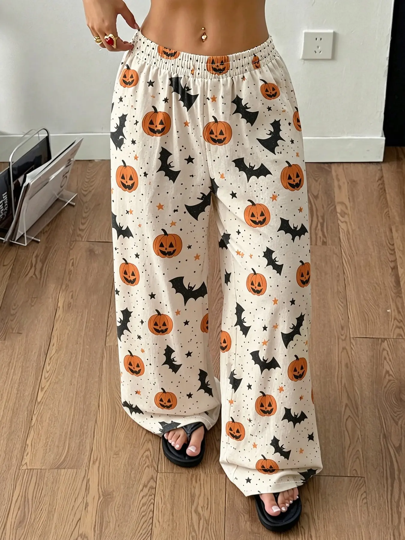 Women Halloween Pumpkin Bat Print Elastic High Waist Wide Leg Pants Casual Loose Loungewear Trousers For Fall Holiday
