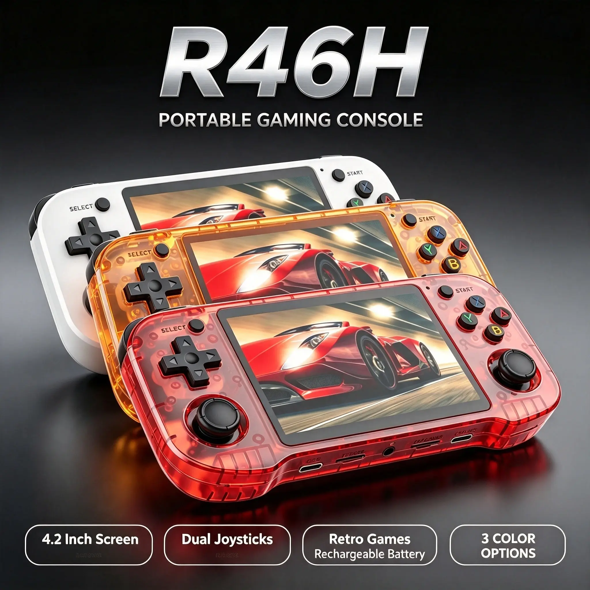 R46h Portable Retro Game Console, 4.2 Inch HD Screen, Rechargeable Handheld Gaming Device, Includes Classic Games, Battery Included
