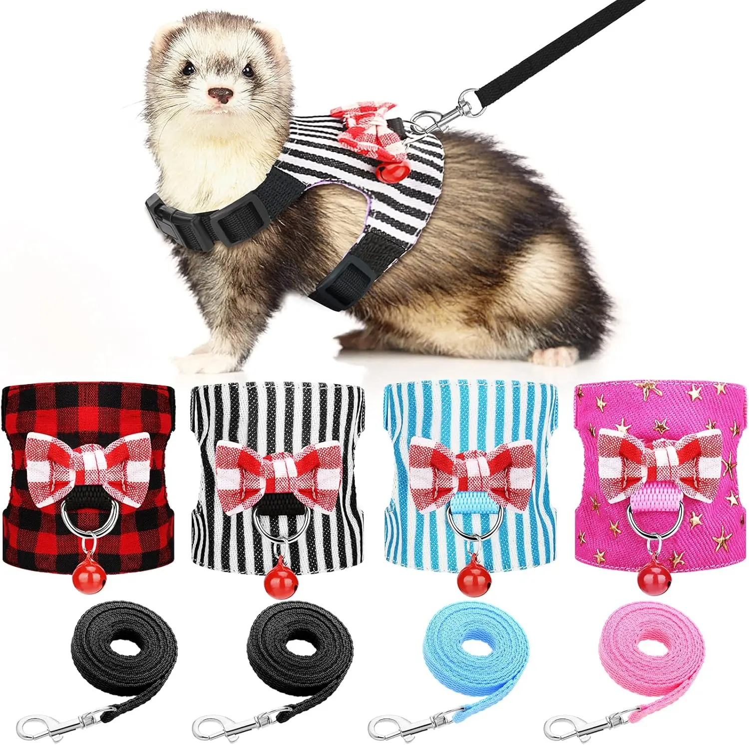 4PCS Small Pet Harness & Leash Set with Bow Bell, Collars & Harnesses & Leads for Ferrets, Kittens, Puppy, Guinea Pigs, Small-Size Walking Strap for Bunnies