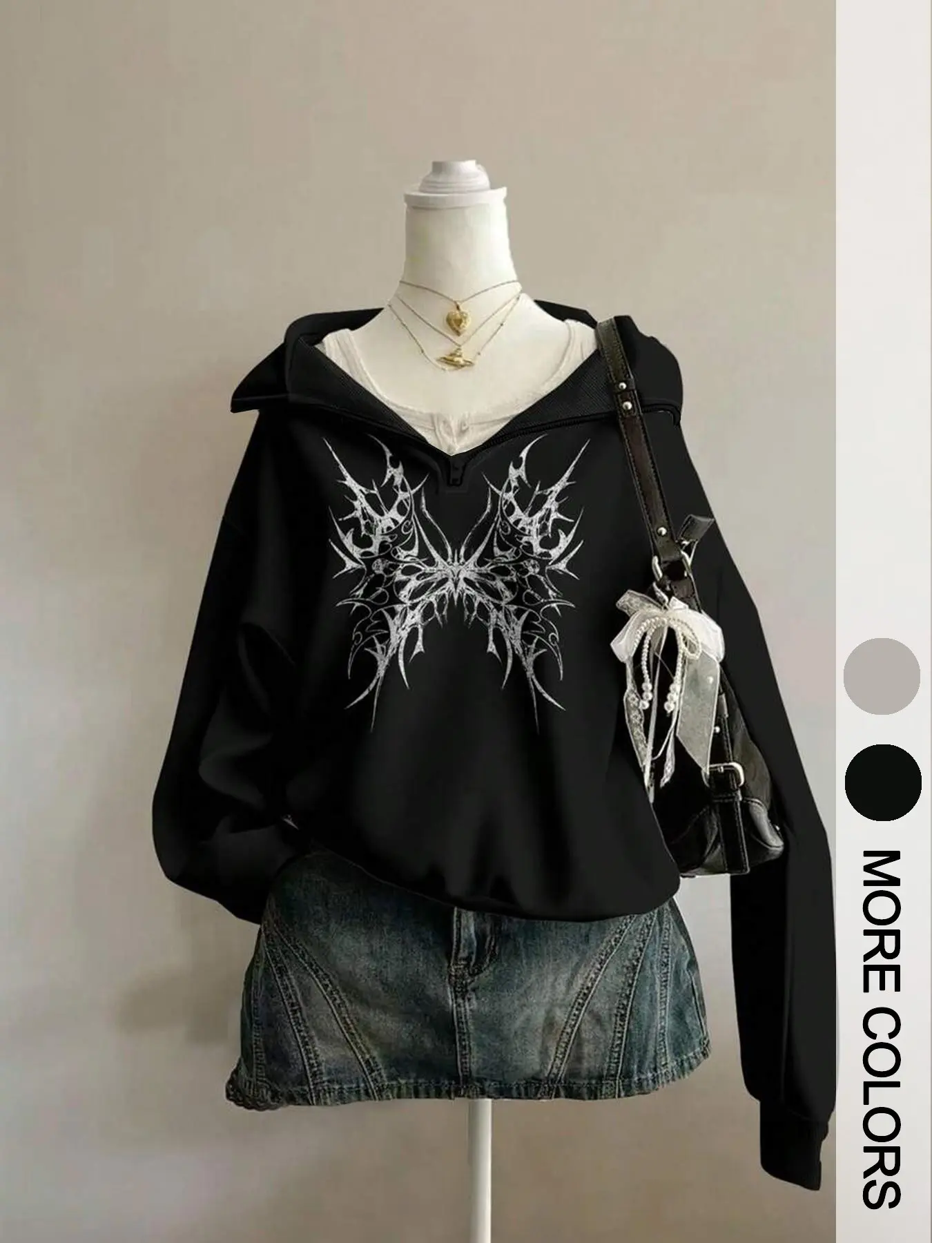Women's Subculture Thorn Butterfly Half-Zip Polo Hoodie Sweatshirt, Dark Loose High Street Turn-Down Collar Top, All Seasons Casual Wear