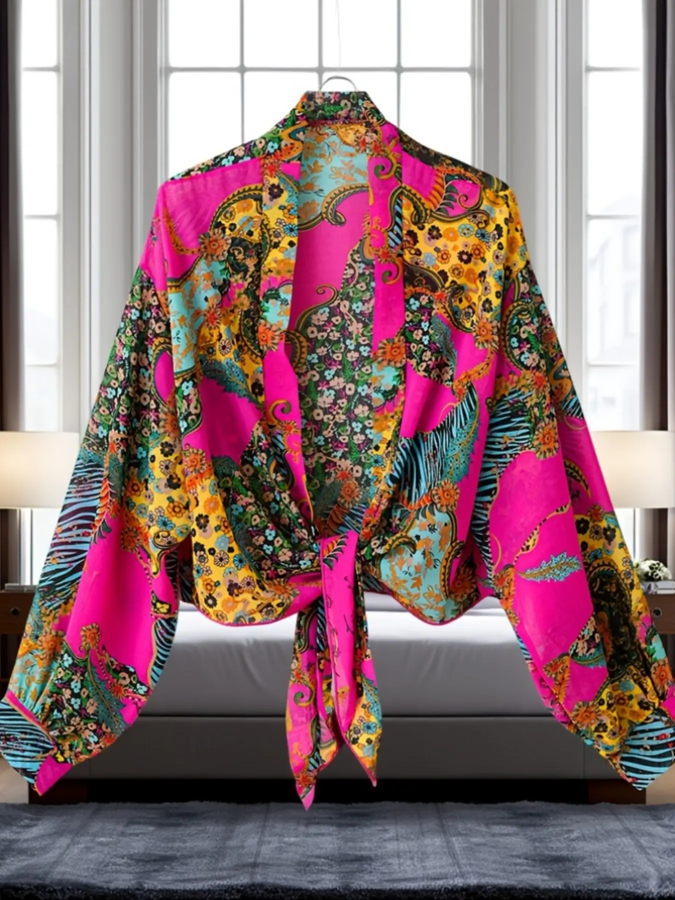 Boho Print Tie-Up Cardigan Shawl Women, Multi-Color Options, Vintage Paisley & Floral Prints, V-Neck Tie Design, Lightweight Breathable for Vacation