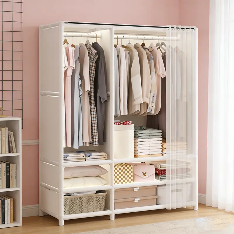 Cream White Double Rod Partition Wardrobe with Translucent Dust Sheer Curtain, Multi-Layer Shelves, Storage Baskets & Drawers, Large Capacity Bedroom Clothes Storage Rack for Small Space, Rental & Dorm