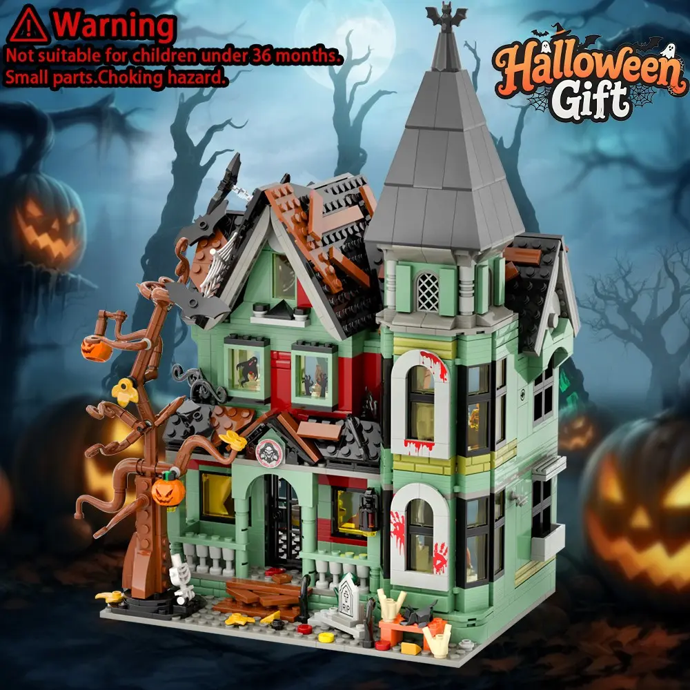 Spooky Gothic Castle Construction Kit, Halloween Themed Haunted Mansion Building Blocks, Eerie House Model with Pumpkin & Tombstone Details, Great Gift for Hallween Decorations &Gothic Fans, DIY Building Model