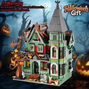 Spooky Gothic Castle Construction Kit, Halloween Themed Haunted Mansion Building Blocks, Eerie House Model with Pumpkin & Tombstone Details, Great Gift for Hallween Decorations &Gothic Fans