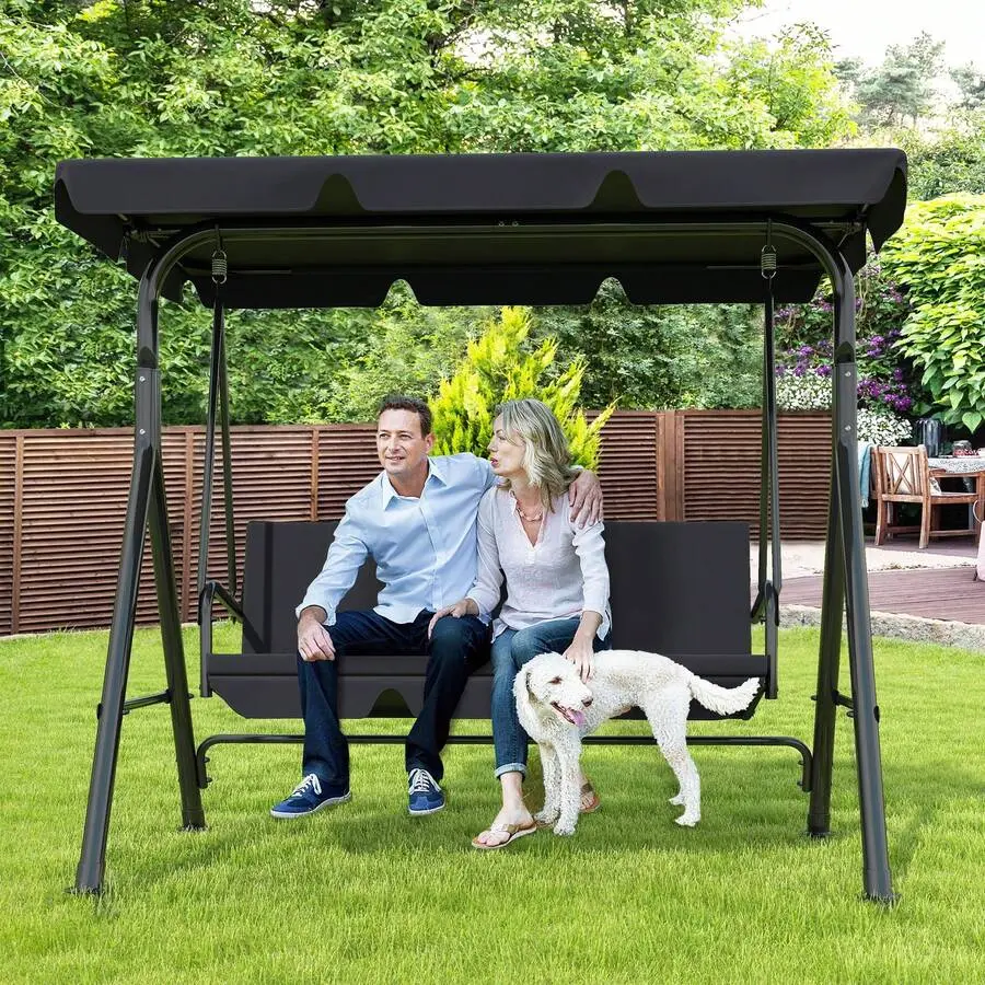 Outdoor Patio Swing Chair 3-Seat Porch Swing With With Adjustable Canopy Removable Cushions And Durable Steel Frame For Patio, Garden, Poolside, Balcony, Backyard