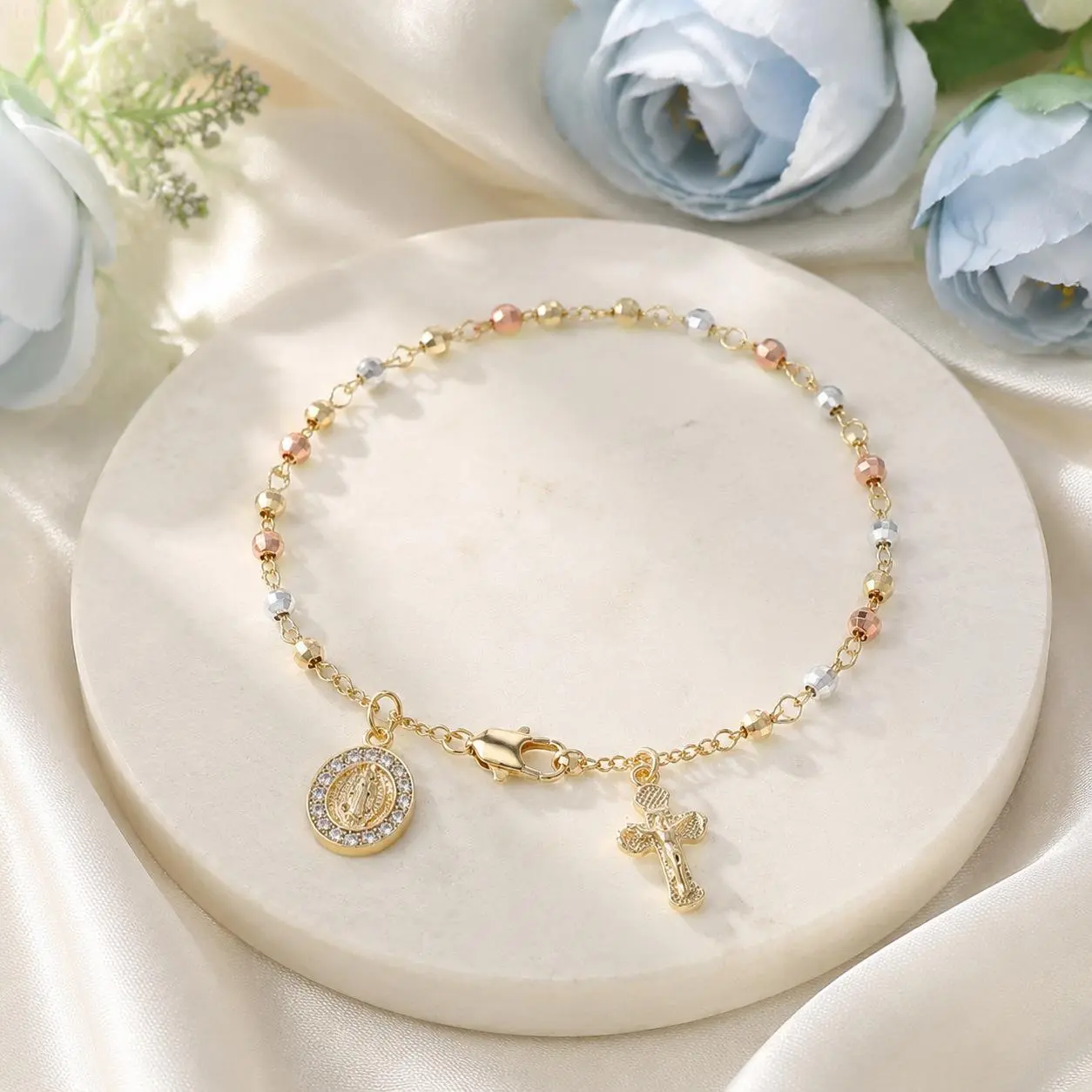 3-Color Beaded Rosary Bracelet, Dainty Copper Chain with Zirconia Virgin Mary Medal & Cross Pendant, Aesthetic Christian Faith Jewelry for Daily Prayer