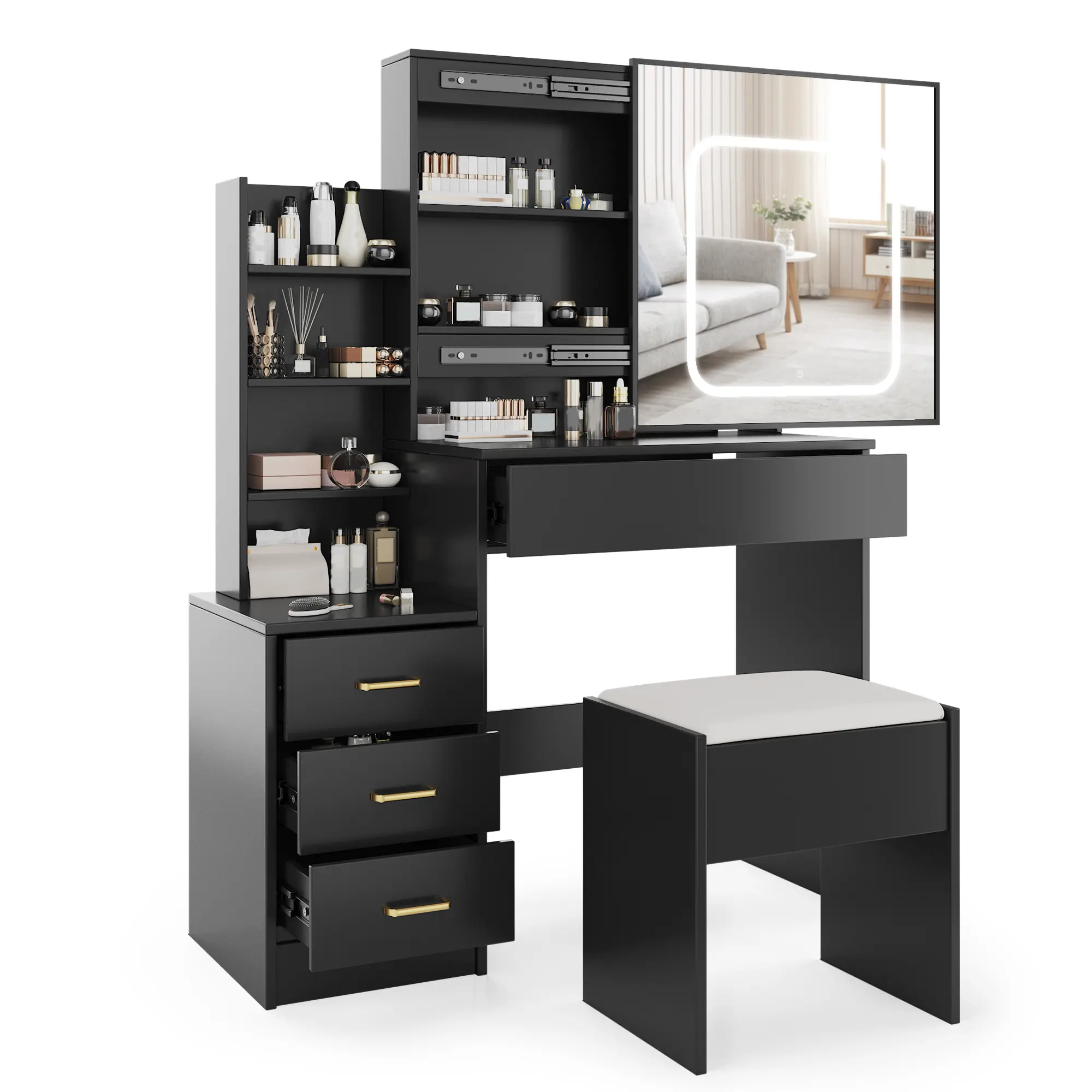 Modern Vanity Desk with Sliding LED Mirror, 4 Drawers, Power Outlet, Open Storage Shelves, Adjustable 3-Color Lighting, Makeup Stool – Space-Saving Bedroom Dressing Table, Multiple Color Options