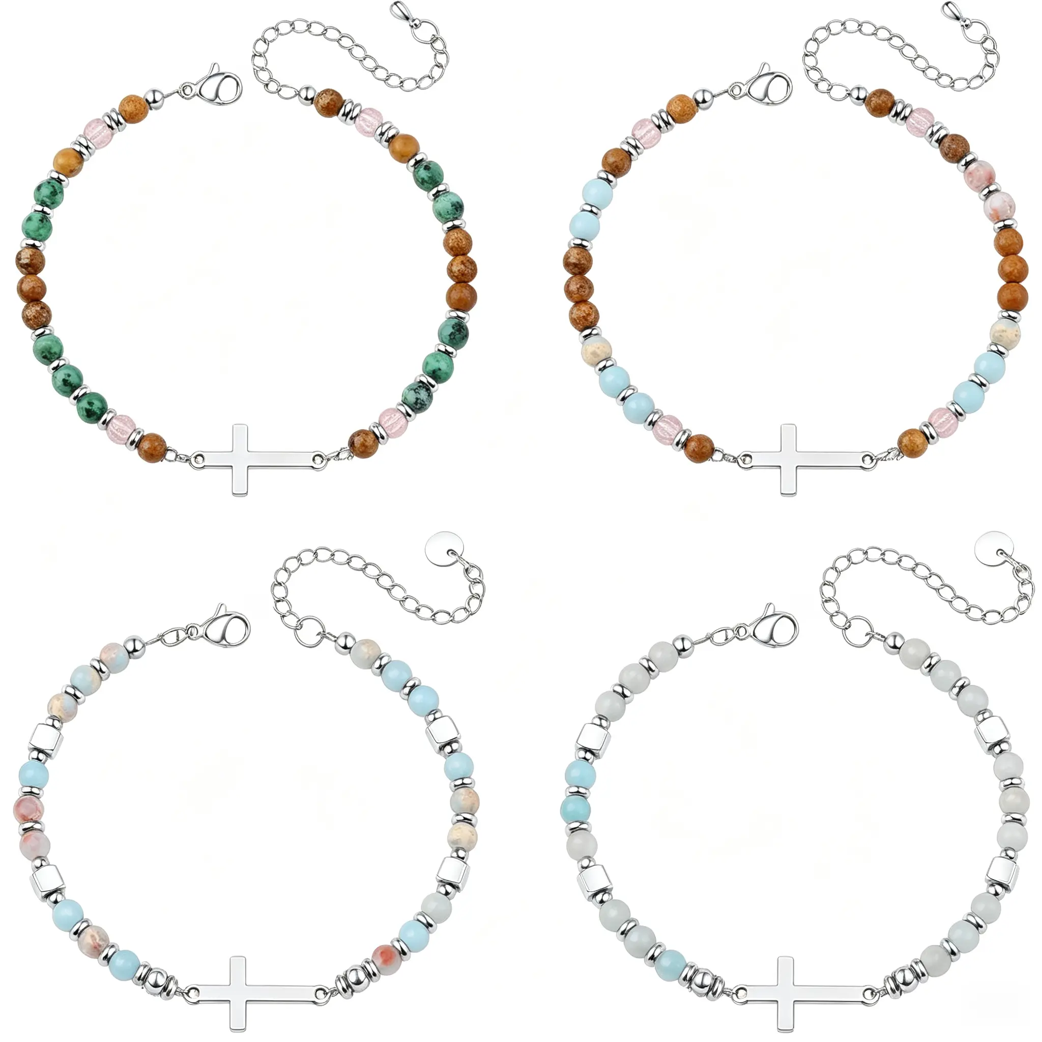 4PCS Cross Bracelet Set – Christian Jewelry Gift, Confirmation Baptism Easter Stocking Stuffers for Women