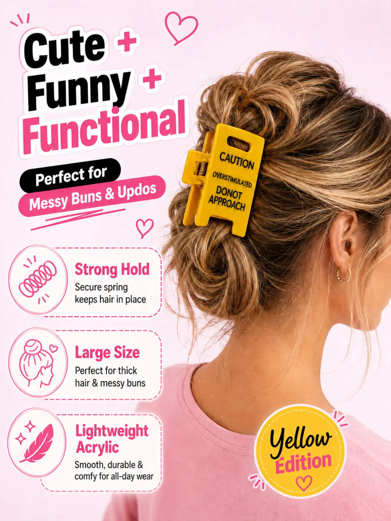 Overstimulated Caution Sign Hair Claw Clip for Women, Funny Setting Boundaries Acrylic Hair Clip, Large Novelty Hair Accessory for All Hair Types, Available in Pink Yellow Purple Red