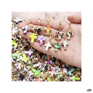 20 Pcs Gold Plated Cross Charms, Minimalist Natural Stone Pendants with Attached Lobster Clasps for DIY Handmade Jewelry, Bracelets & Keychains