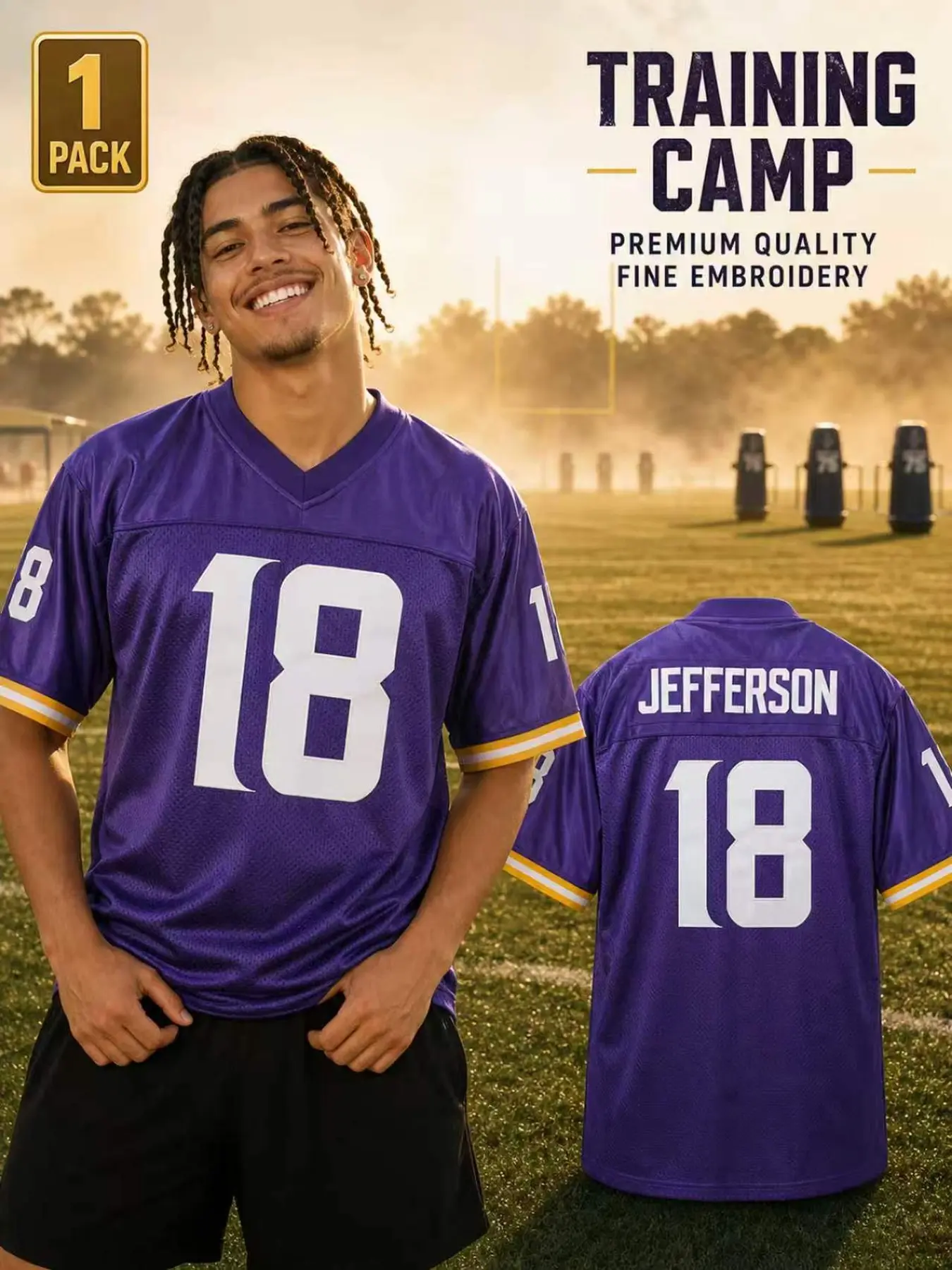 Men's #18 Purple Stitched Football Jersey Mesh Breathable Retro American Sports Shirt for Halloween Cosplay Party
