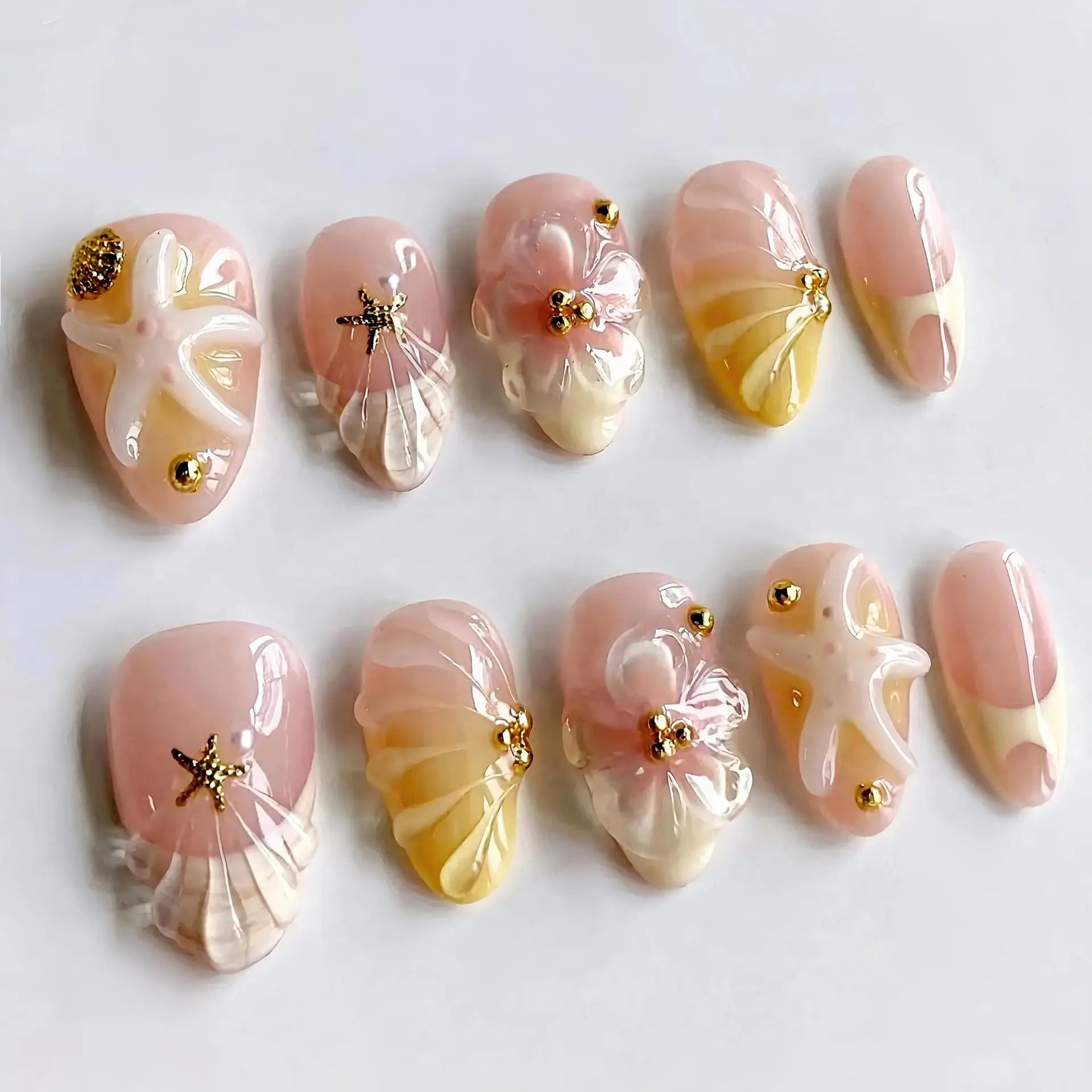 30Pcs Summer Beach 3D Flower Starfish Shell Press On Nails Luxury French Finished Fake Nails Fall Aesthetic Back To School Essentials Reusable False Nails for Vacation Beach Daily Wear Nail Art