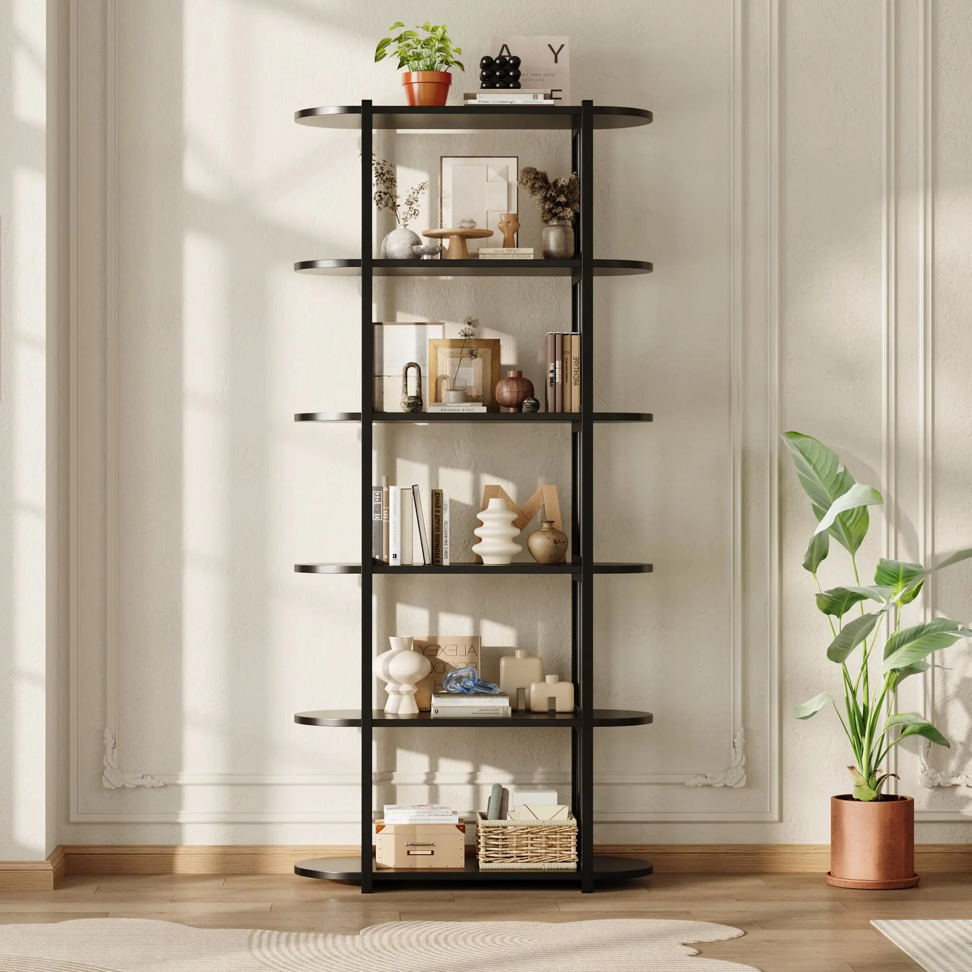 Garvee 6 Tier Industrial Bookshelf, 71 Inch Tall Bookcase, Wood and Metal Frame, Freestanding Storage Shelf, Open Display Rack, for Living Room, Bedroom, Home Office, Black