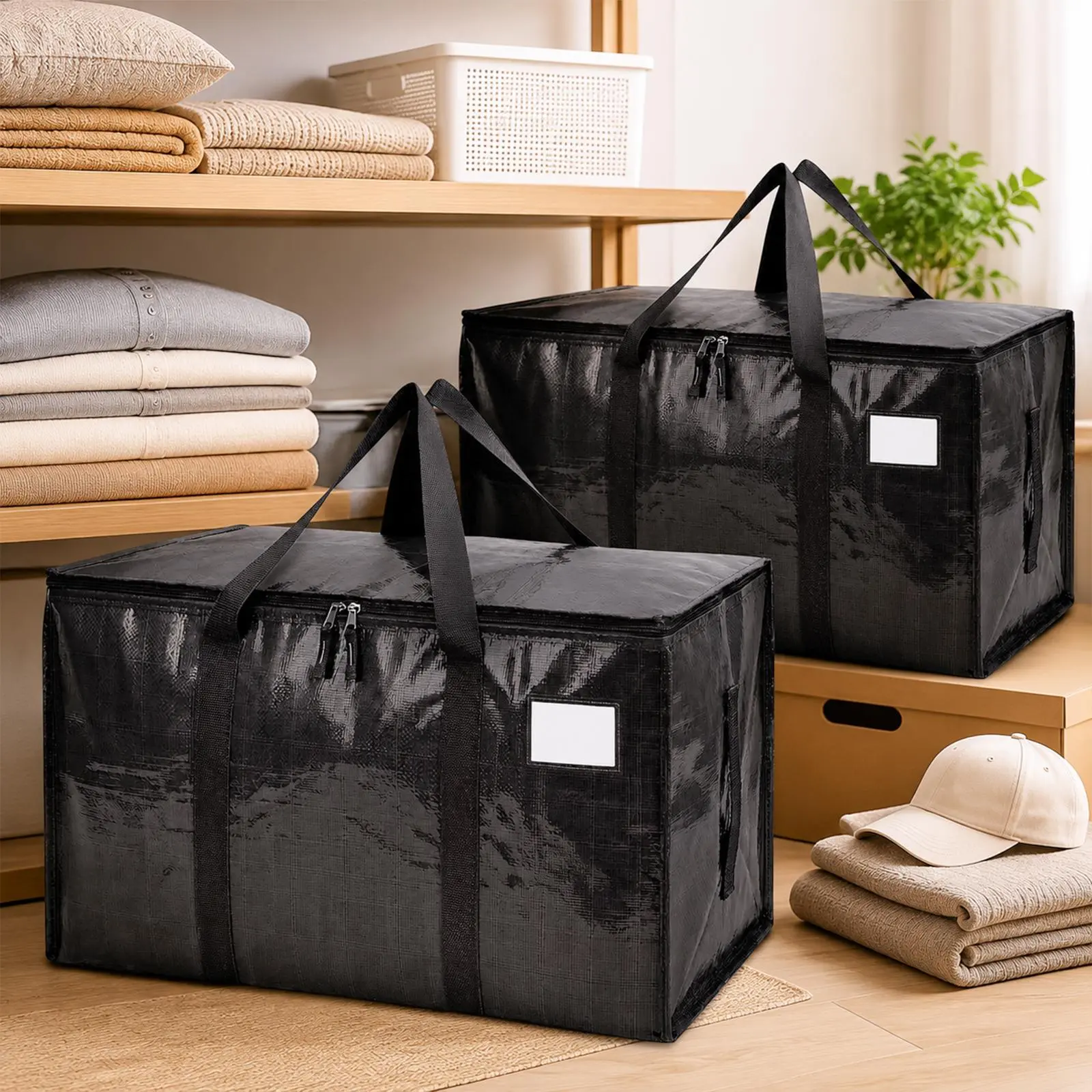 Extra Large Waterproof Moving Storage Bags With Backpack Straps, Heavy Duty Foldable Clothes Organizer Tote, Dual Zipper Closet Organizer Containers With Label Pocket For Bedding Blankets Comforters, Closet Storage, Travel, Camping, Moving House