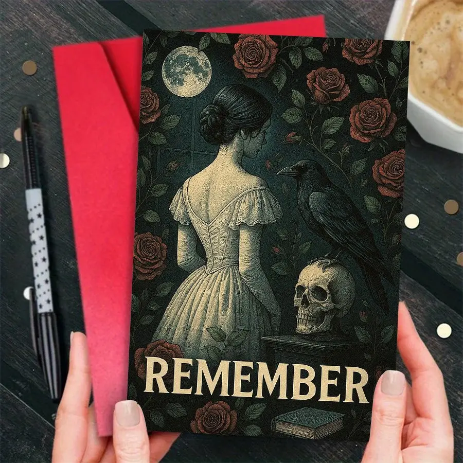 Vintage Greeting Card for Dark Romance Lovers, Moonlit Skull and Roses Design, Perfect for Thank You, Halloween, Christmas, Birthday, Wedding
