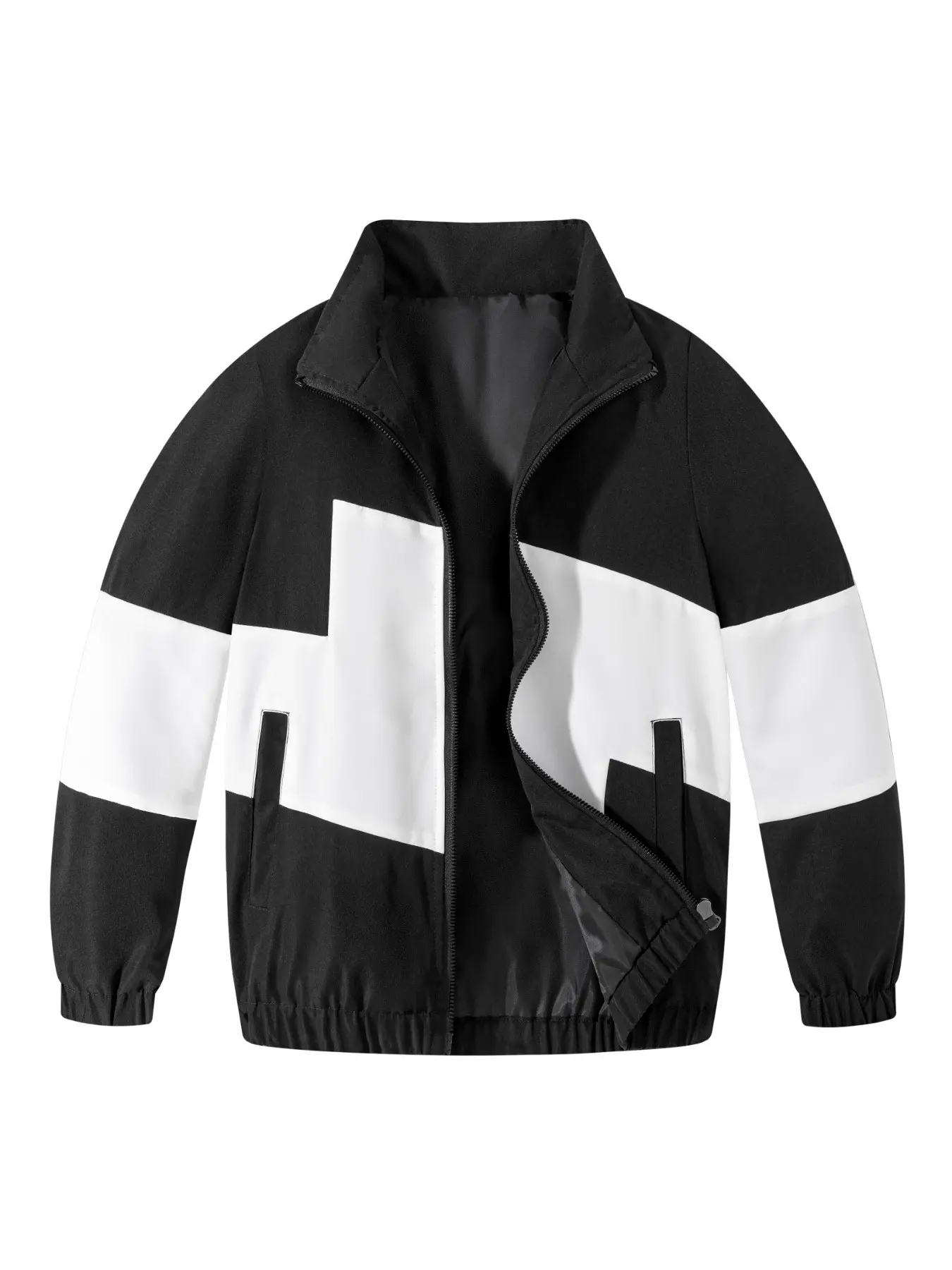 Boys' Geometric Contrast Stand Collar Jacket with Pockets, Full Zipper, Dual Side Pockets, Casual School, Streetwear, Spring Fall Outdoor