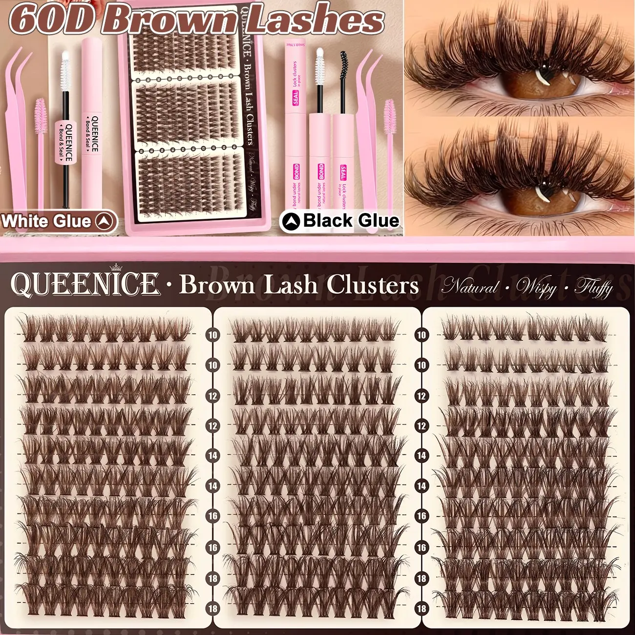Brown Lash Clusters Kit Natural 300Pcs Wispy Lashes Cluster Eyelash Cluster Extensions Kit C Curve Individual Lashes Extensions Kit For DIY Waterproof & Long - Lasting (Light Brown10-16mm)