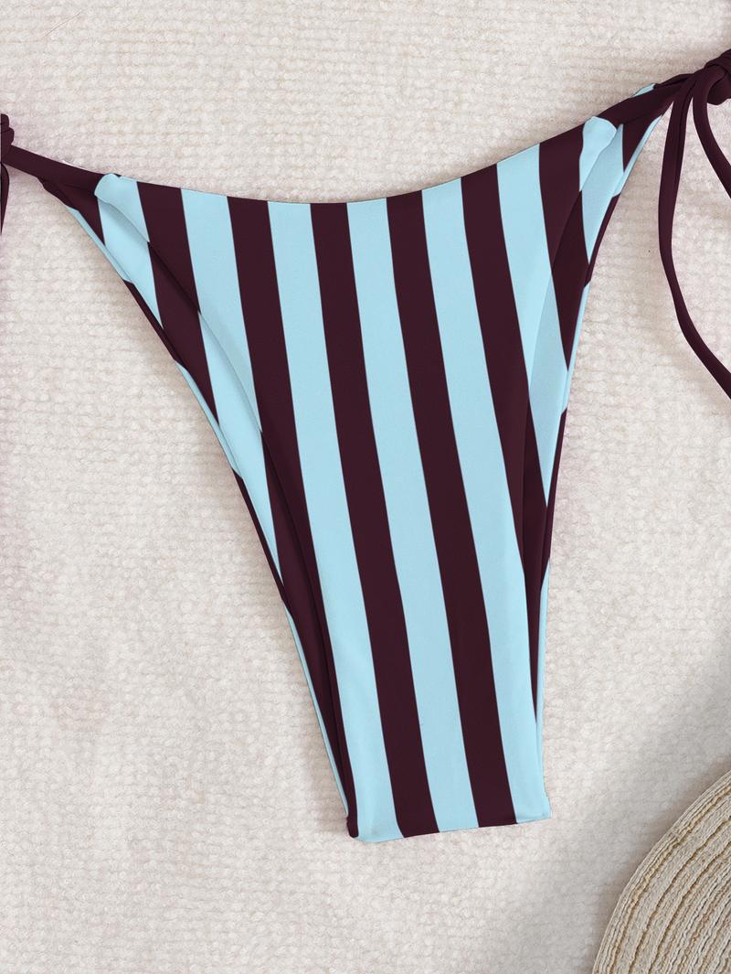 Trendy Brown & Light Blue Striped Triangle Tie-Side Bikini Set - Adjustable Two-Piece Swimwear Swimsuit with Flattering Fit, Perfect for Beach Vacations, Pool Days & Summer Getaways