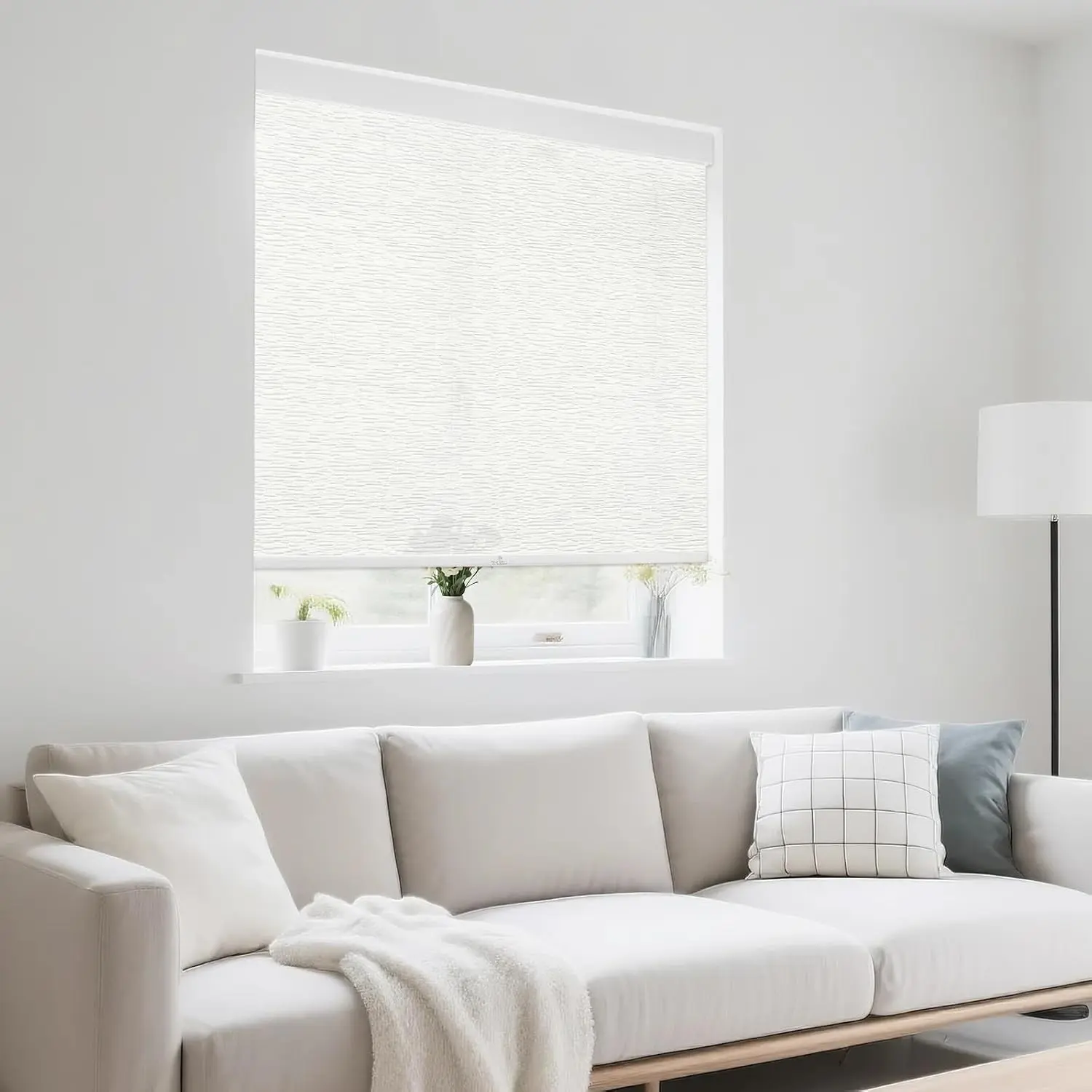 28" W x 72" H Cordless Light Filtering Roller Shade, Free Stop Thermal Insulated Linen-Style Window Blinds for Home and Office, Modern Color-Matched Window Blind (White)