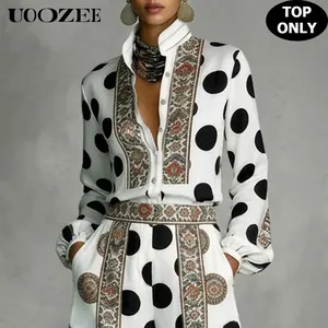 UOOZEE Women's Black Polka Dot Contrast Ethnic Print Button Down Blouse(TOP ONLY), Stand Collar Long Sleeve Slim Fit Satin Shirt, Elegant Resort Office Casual Top, Size Up for Full Bust