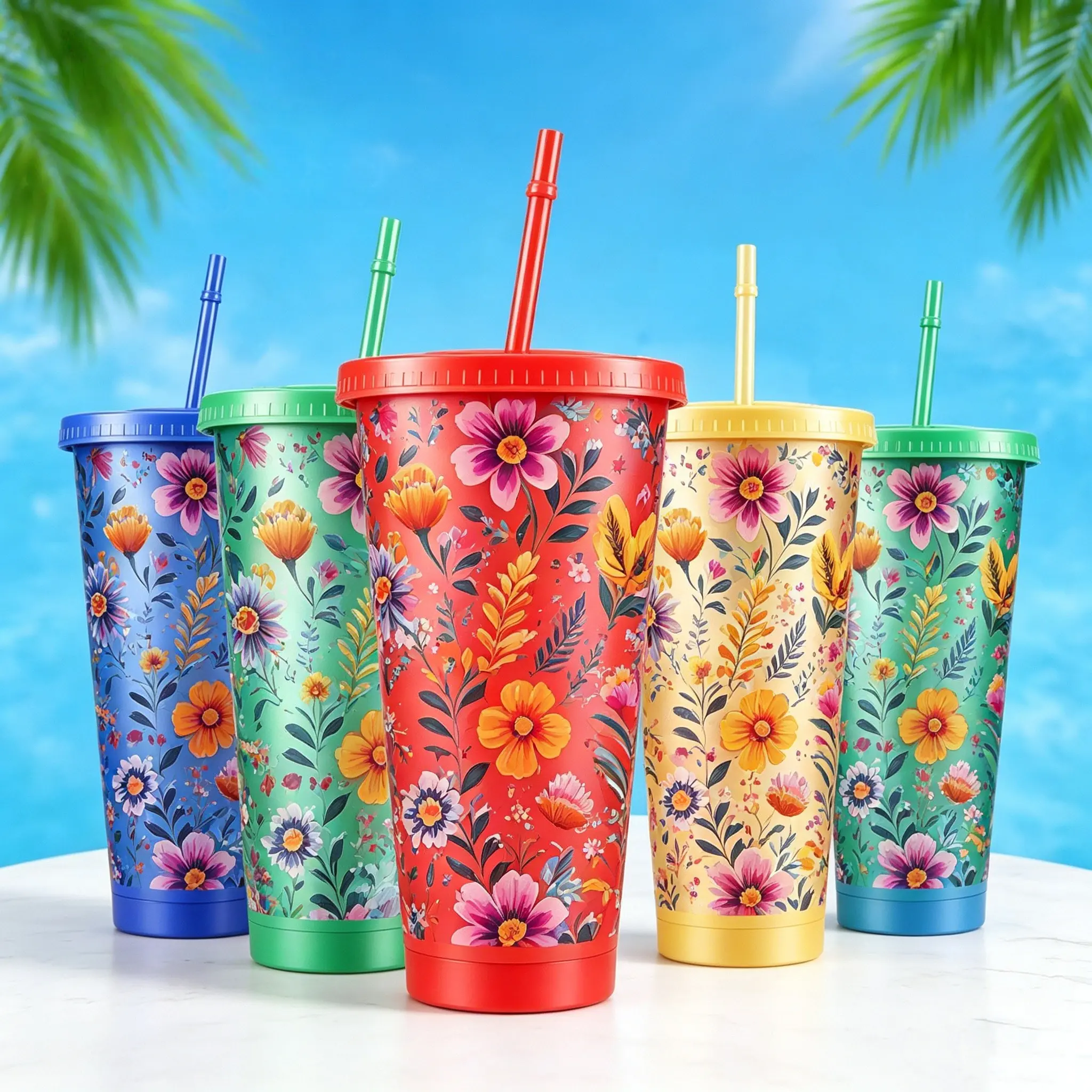 10pcs/24oz/710ml/Plastic Tumblers With Lid And Straw,Iced Coffee Cup,Festival Party Supplies,Colorful Artistic Floral Design Vibrant Blossom Pattern For Festive Holiday Decor And Special Occasion Gifting