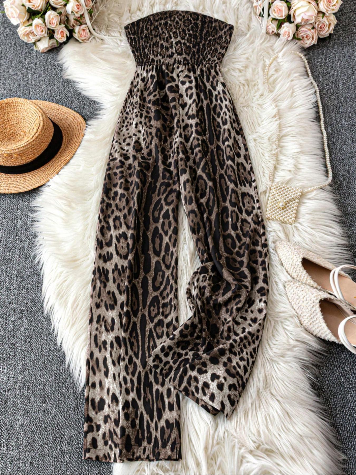 Women's Leopard Print Shirred Wide Leg Jumpsuit, Casual Sleeveless Tube Jumpsuit for Vacation Holiday, Ladies Clothes for All Seasons