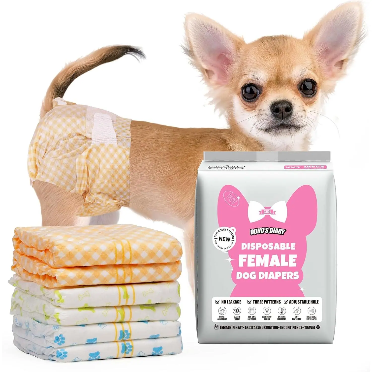 Dono Dog Diapers Female - 60 Pcs, Disposable Puppy Diapers with Wetness Indicator, Super Absorbent Leak-Proof Pet Doggie Diaper for Female Dogs in Peeing or Elderly Incontinence, XXS Size