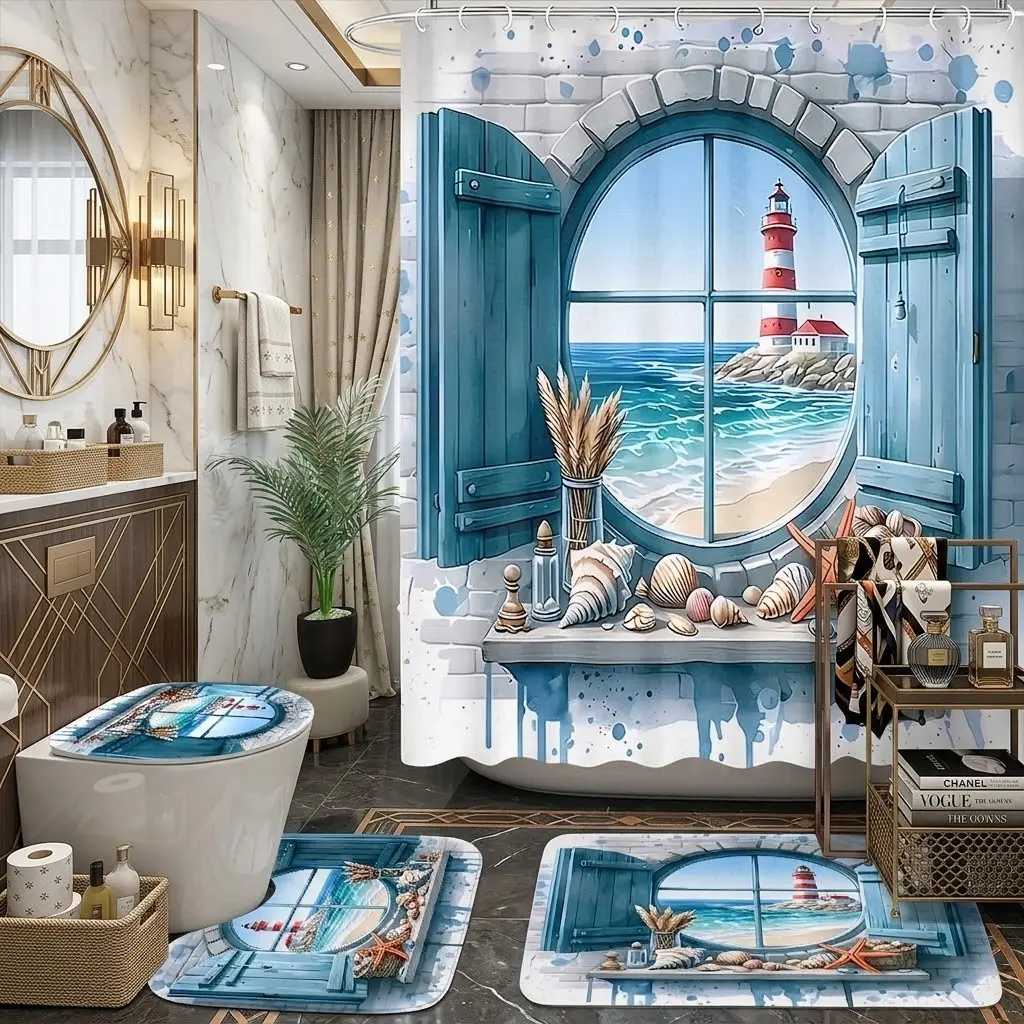4pc Coastal Blue Window Lighthouse Ocean Shower Curtain Set, Nautical Seashell Watercolor Bathroom Decor, IThe floor mat fabric is thicker and softer! deal Gift for Summer Vacation & Beach House Home Styling