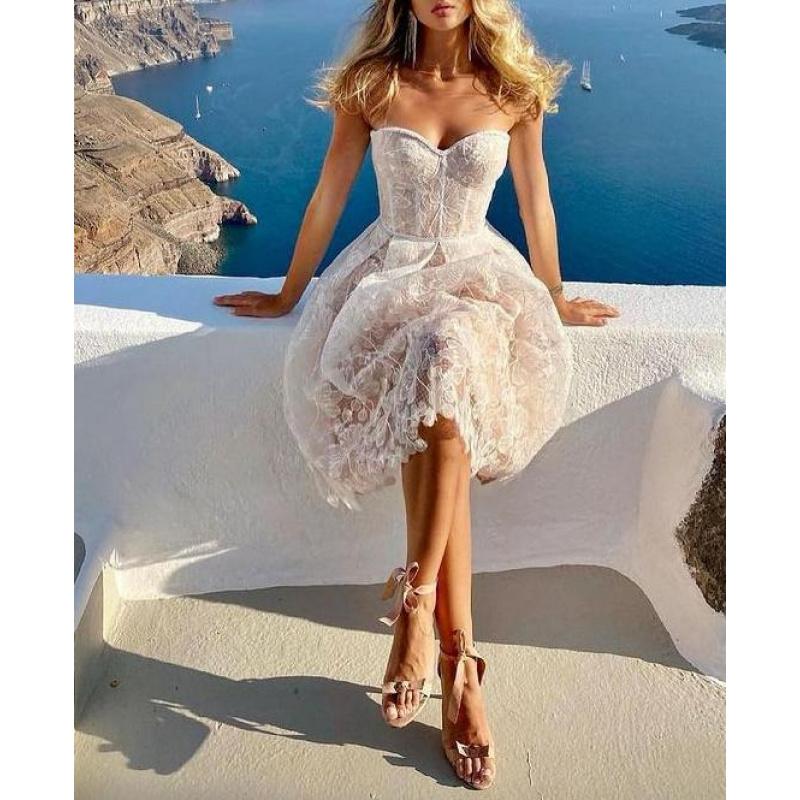 Evening Dress, Women's Dress, Slim Fit Strapless Dress, Sexy Embroidered Lace Dress. Elegant White Embroidery Formal Wear