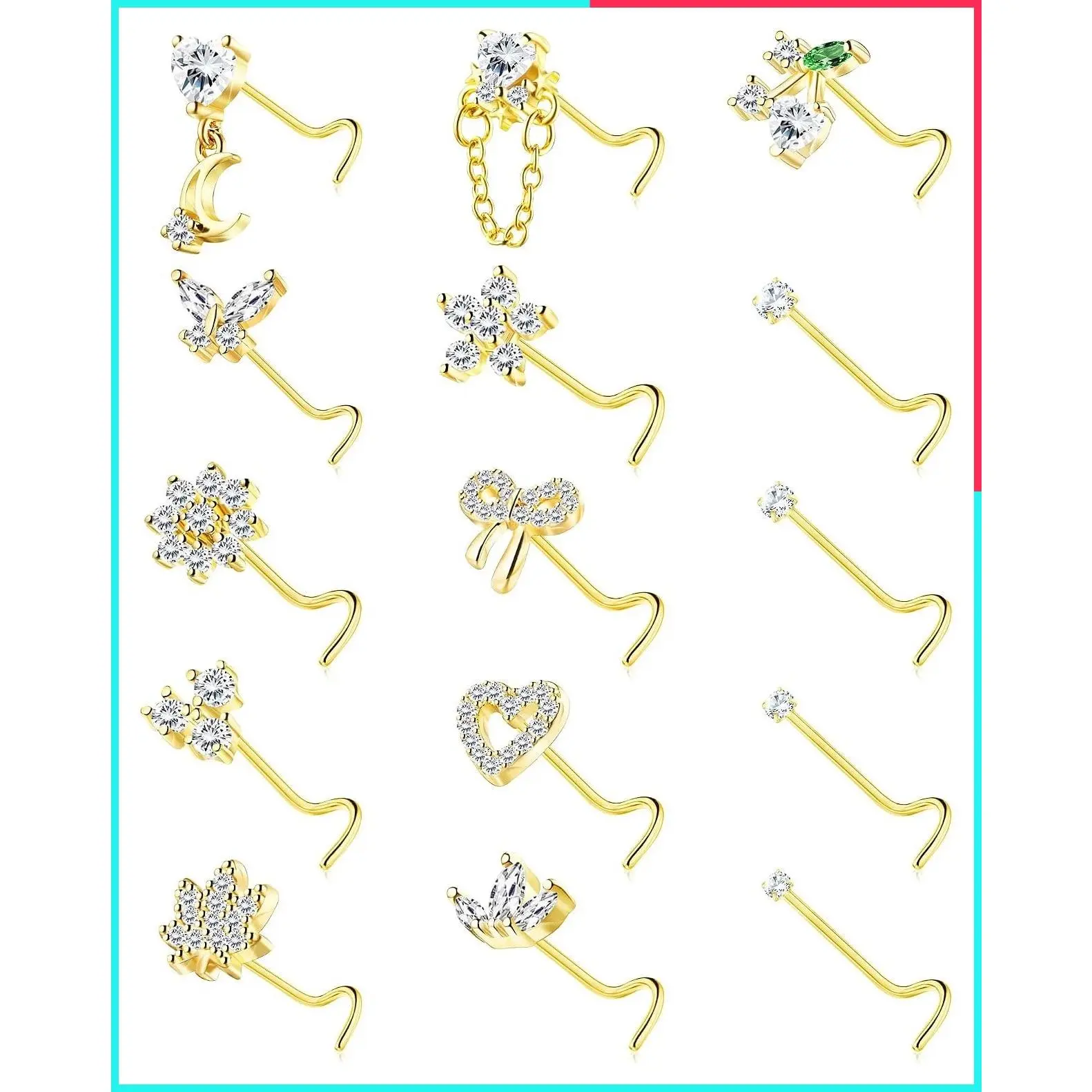 20G Surgical Stainless Steel Gold Plated Nose Rings Corkscrew for Women, Pink Red CZ Heart Butterfly Flower Cherry Bow Moon Dangle Nose Piercing Jewelry