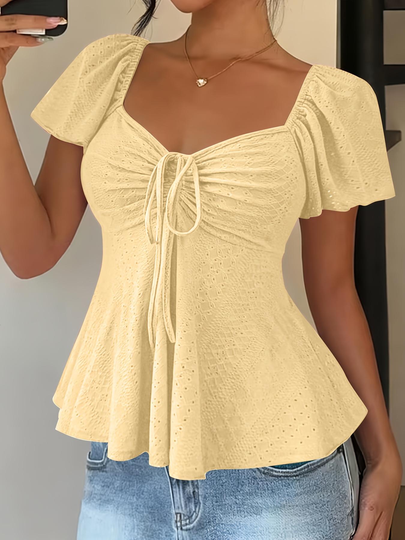 Women's Y2K Solid Color Jacquard V Neck Drawstring Crop Top Spring Summer New Arrival Breathable Dry Fit Long Sleeve UV Protective Active Gym Yoga Compression Shirt