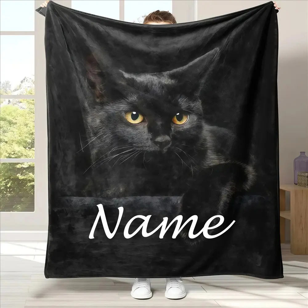 Personalized Black Cat Flannel Blanket - Custom Name Hypoallergenic Polyester, 280gsm All-Season Comfort, Machine Washable Contemporary Cat-Themed Blanket for Halloween & Everyday Use - Perfect Gift for Cat Lovers, Cat Blanket, Gift for Pet Owners, S