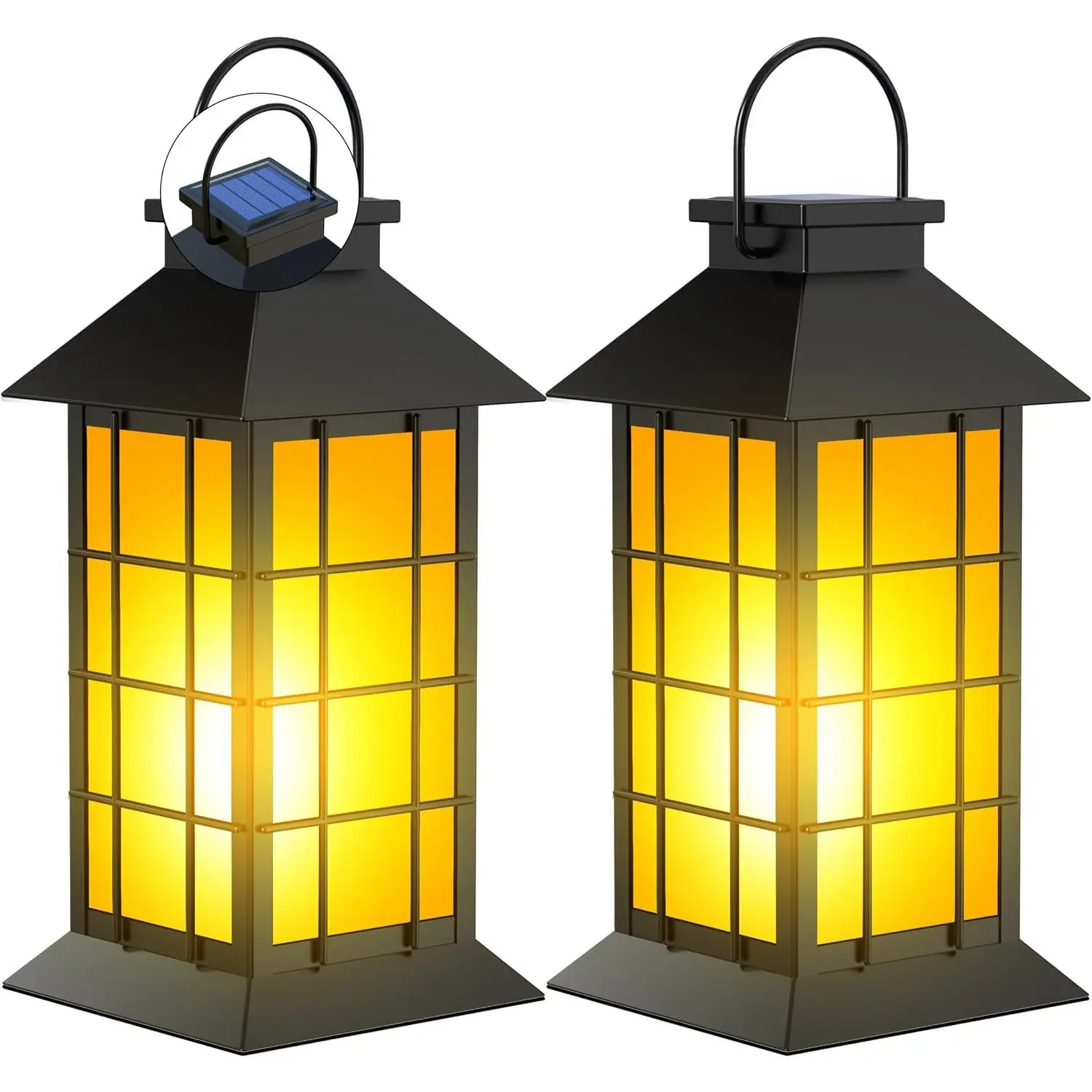 2 Pack 13" Black Solar Lantern with Flickering Flame Candle | Outdoor   Solar Lanterns, Metal & Glass Lights for Garden Decoration, Rustic Gifts for Mom