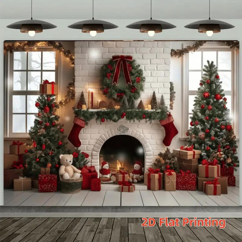2D Flat Banner 1pc Warm Indoor Fireplace Christmas Backdrop, Wreath, candle and teddy bear design, ideal for holiday portrait shooting and Christmas party backdrop decor, polyester material