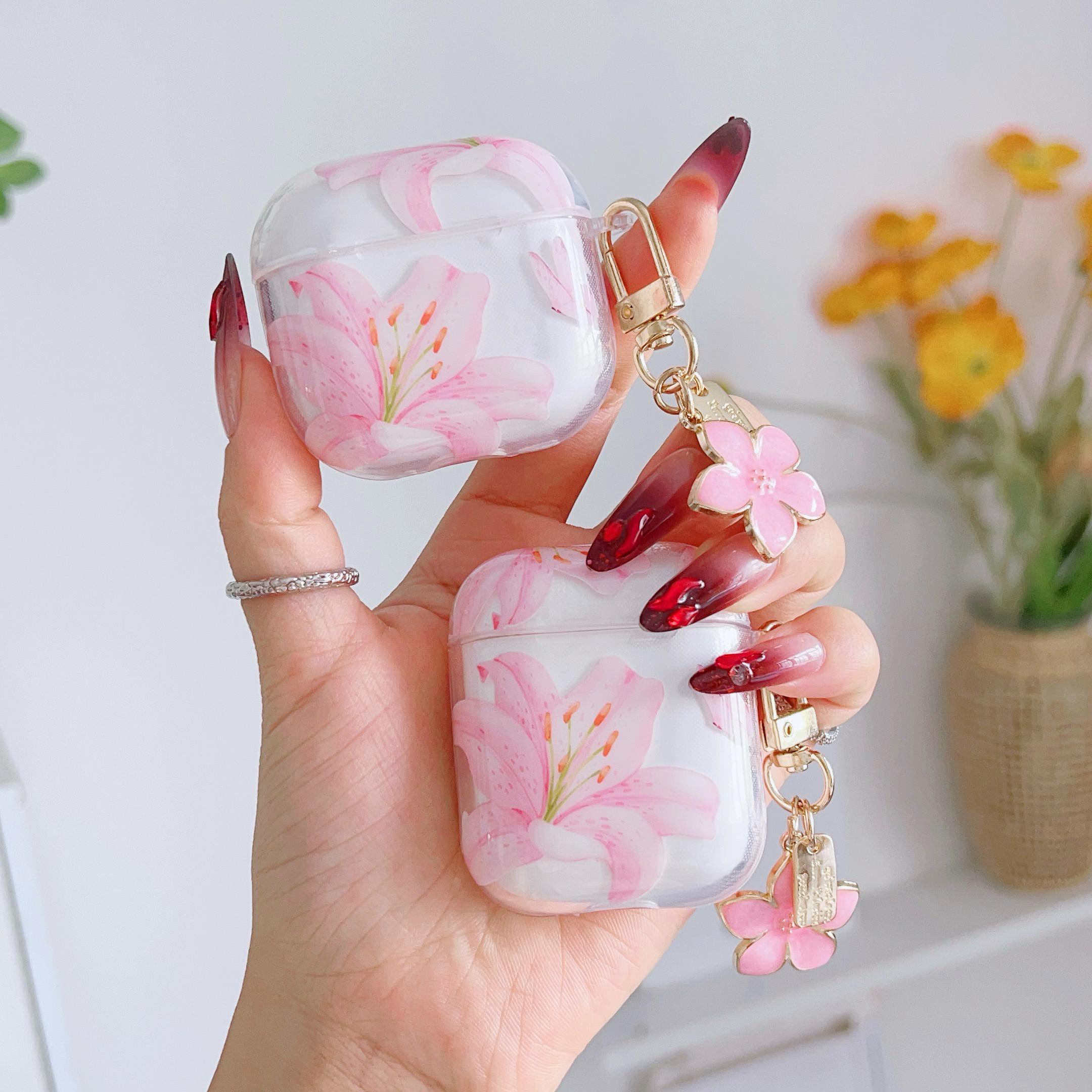 Pink Lily Flower Earphone Case With White Floral Design, Soft Protective Cover Compatible With AirPods Series Models, Anti-Drop Flexible Shell For Daily Carrying And Charging Protection