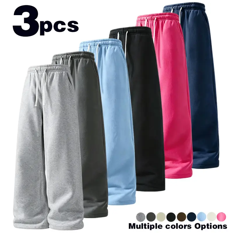 New European and American 100% polyester fiberSolid color loose wide leg sweatpants for men, high waisted drawstring hanging feeling, lazy style, trendy and versatile, suitable for home leisure, floor length pants