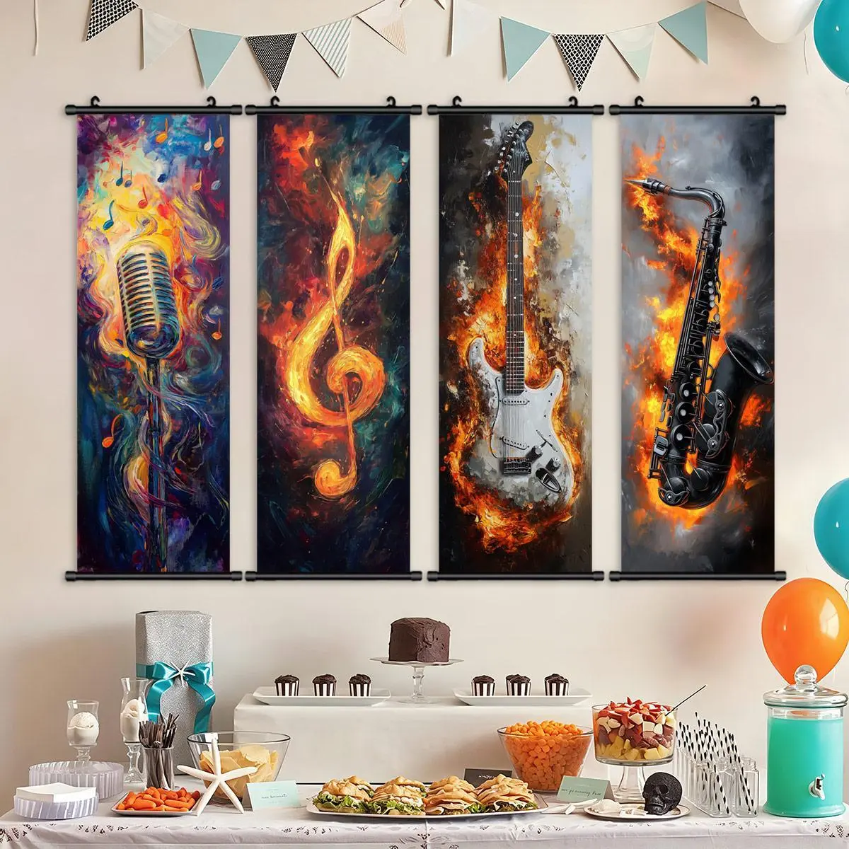 4-Pack Glossy Retro Multicolor Rock Music Geometric Rectangle Wall Decor Set - Lightweight Waterproof Plastic Scrolls with Guitar,Saxophone,Drum,Piano Prints - Drip-Detailed Abstract Art Contemporary Decoration - Ideal Gift for Music Lovers