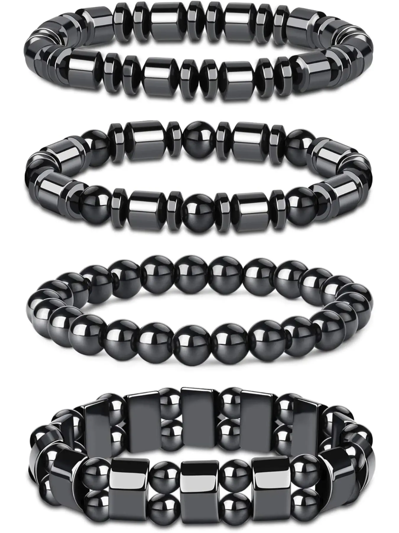 4Pcs Hematite Beaded Stretch Bracelet Set for Men Women, Multi-Style Round & Cylinder & Flat Bead Hematite Elastic Bracelets, Natural Hematite Energy Stone Hand Jewelry, Casual Daily Wear, Ideal Holiday Gift