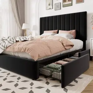 Full/Queen/King Size Storage Bed Frame, Vertical Channel Tufted Adjustable Headboard, Velvet Upholstered Platform Bed With 4  Drawers, Wooden Slats Support, No Box Spring Needed, Black