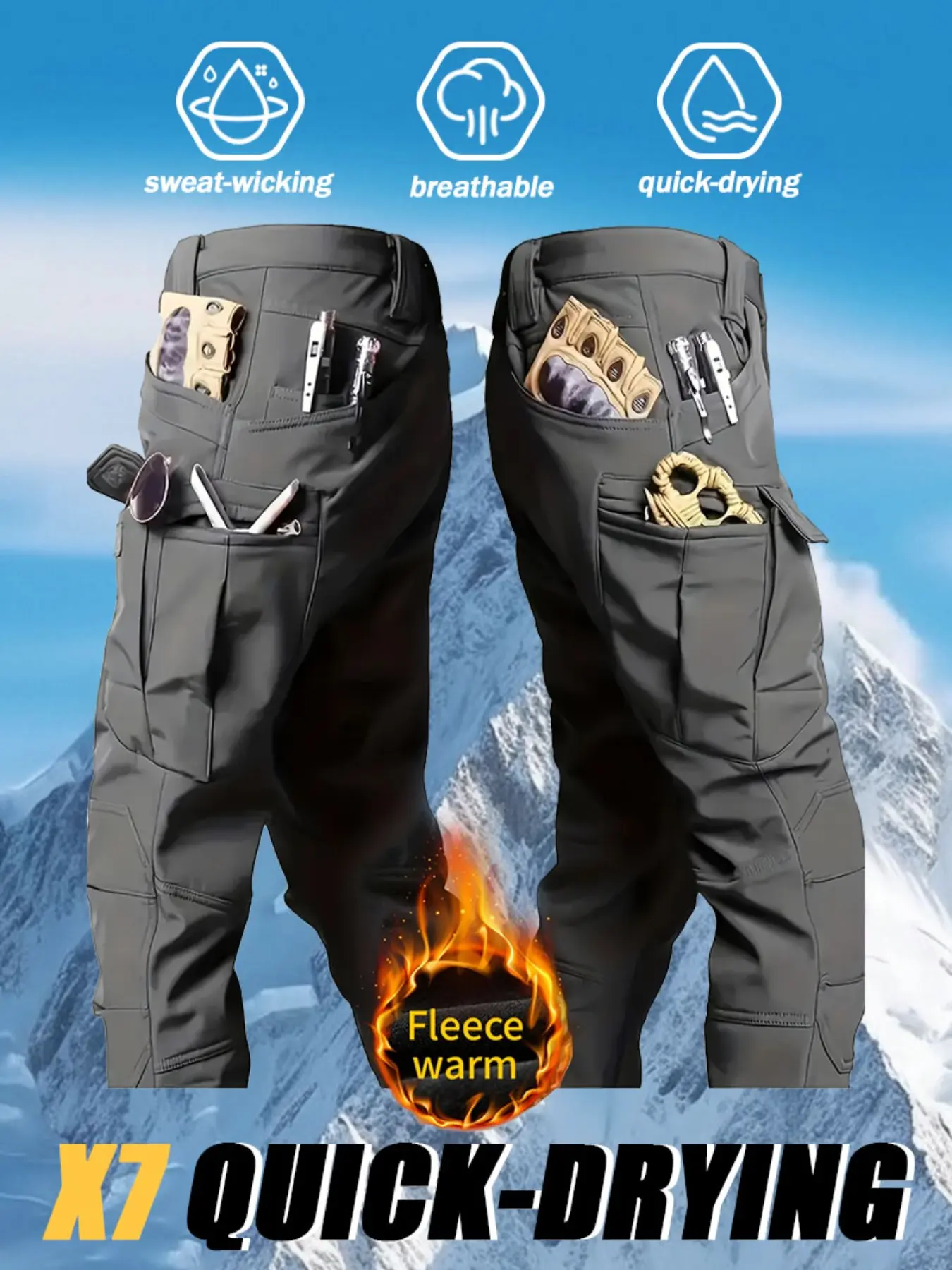New Men's Fleece-Lined Winter Outdoor Tactical Pants, Windproof and Cold-Resistant Softshell Pants, Durable Work Pants, Menswear, and High-Capacity Multi-Pocket Training Pants—Perfect for Skiing, Hiking, Fishing, and Mountain Climbing