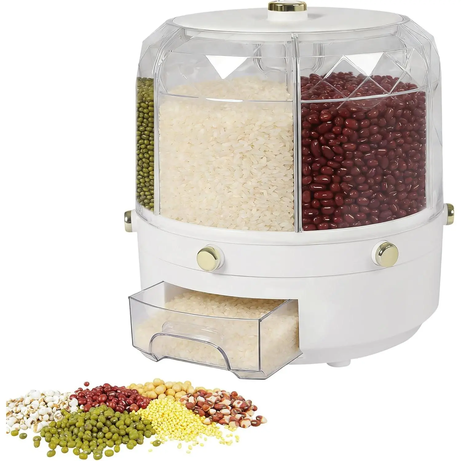 Rice Food Grain Dispenser, 6 Grids Rice & Grain Storage Container 360 °   Rotatable Grain Dispenser One-Button Pressing Storage Bucket for Grains Snacks Coffee Beans Pet Food Dispenser (13.2LBS)