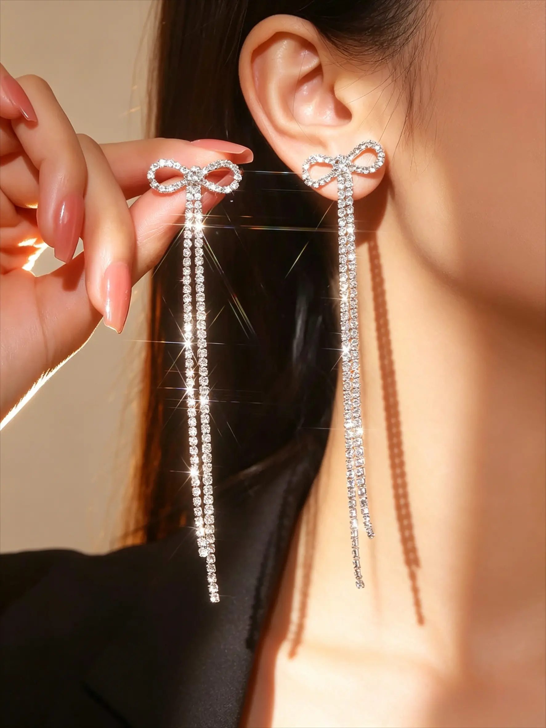 18K Gold Plated Bow Knot Imitation Diamond Tassel Drop Earrings, Micro Pave Tennis Chain Long Design, Hypoallergenic Tarnish Resistant Luxury Western Style Statement Earrings For Evening & Party, Fashion Earring