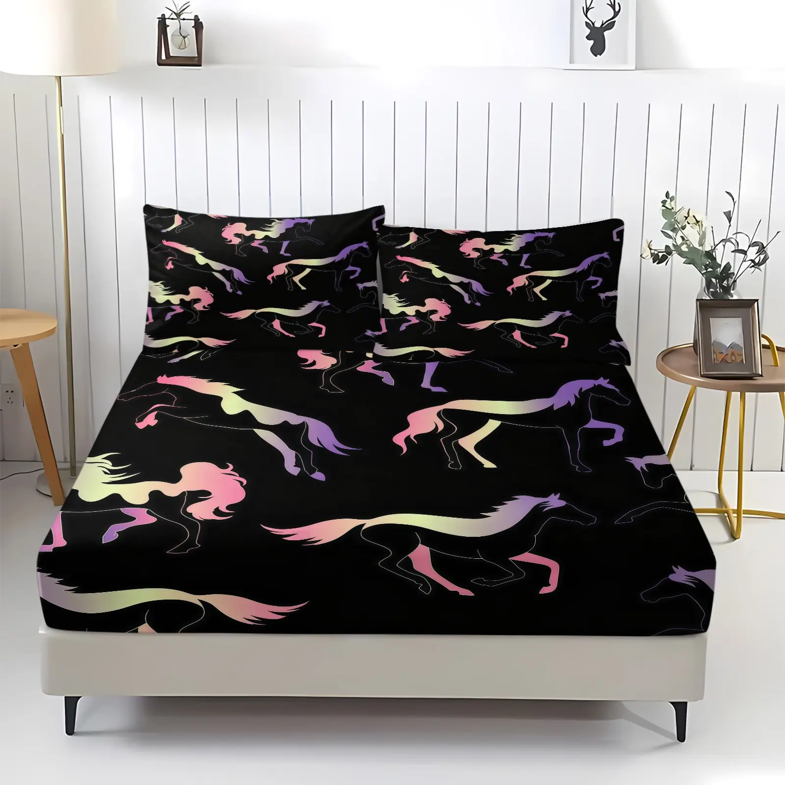 Fantasy Rainbow Pony Pattern Fitted Sheet, Soft And Comfortable Bedding Set (1 Sheet + 2 Pillowcases, No Pillow Insert), Suitable For Teenagers And Adults, Bedroom, Dormitory, Guest Room Scene