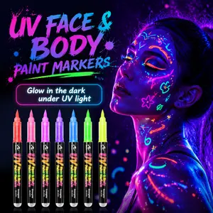 24 Colors UV Face and Body Paint Markers, Neon Fluorescent Paint Pens with Glow Effect Under UV Light, Brush Tip Body Art Pens for Face Painting, Festivals, Parties and Artistic Graffiti