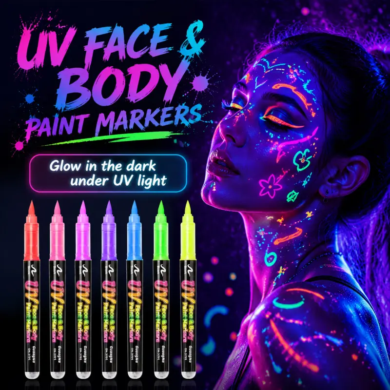 24 Colors UV Face and Body Paint Markers, Neon Fluorescent Paint Pens with Glow Effect Under UV Light, Brush Tip Body Art Pens for Face Painting, Festivals, Parties and Artistic Graffiti