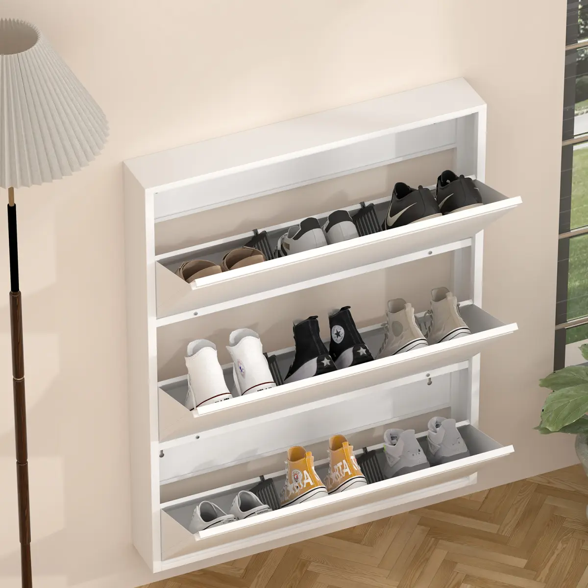 [Bellemave] Metal Shoe Cabinet with Flip Drawers, Wall Mounted Shoe Organizer, Narrow Slim Hidden Shoe Rack Storage for Entryway﻿