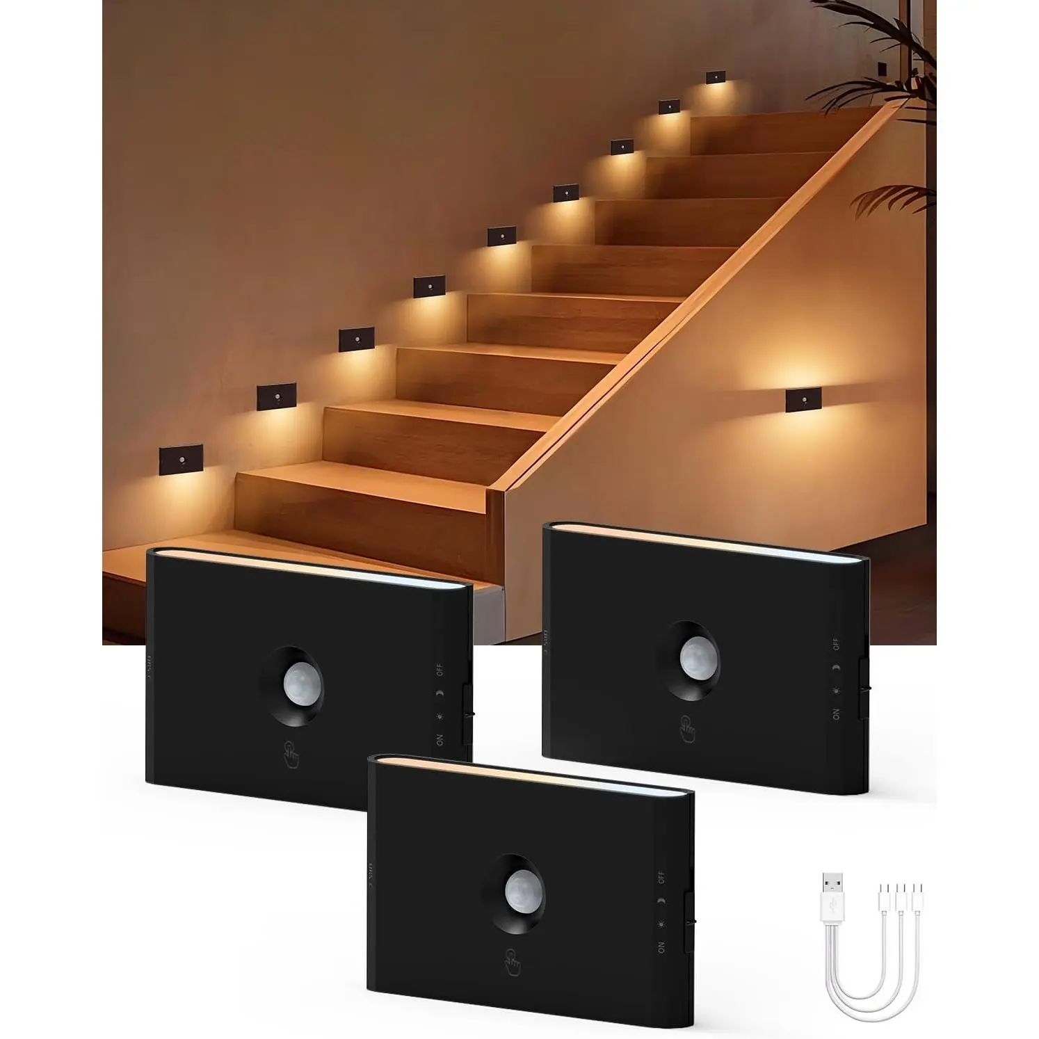 Yiliaw Motion Sensor Stair Light Indoor, Black Automatic Lights with Magnetic Mount, Rechargeable Night Lights, Dimmable Battery Operated for Hallway, Stairway, Bathroom, Closet, Kitchen, 3 Pack T109